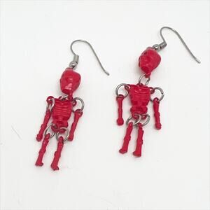 Vintage 80s/90s Red Hanging Skeleton Dangling Earrings Pierced Ears Halloween